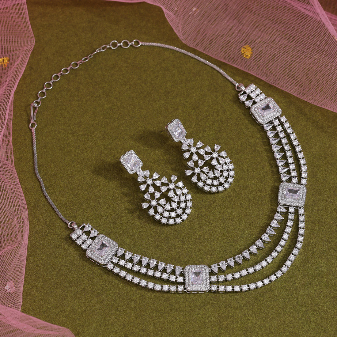 Silver Color American Diamond Necklaces Set (CZN1038SLV) Jewellery GetGlit