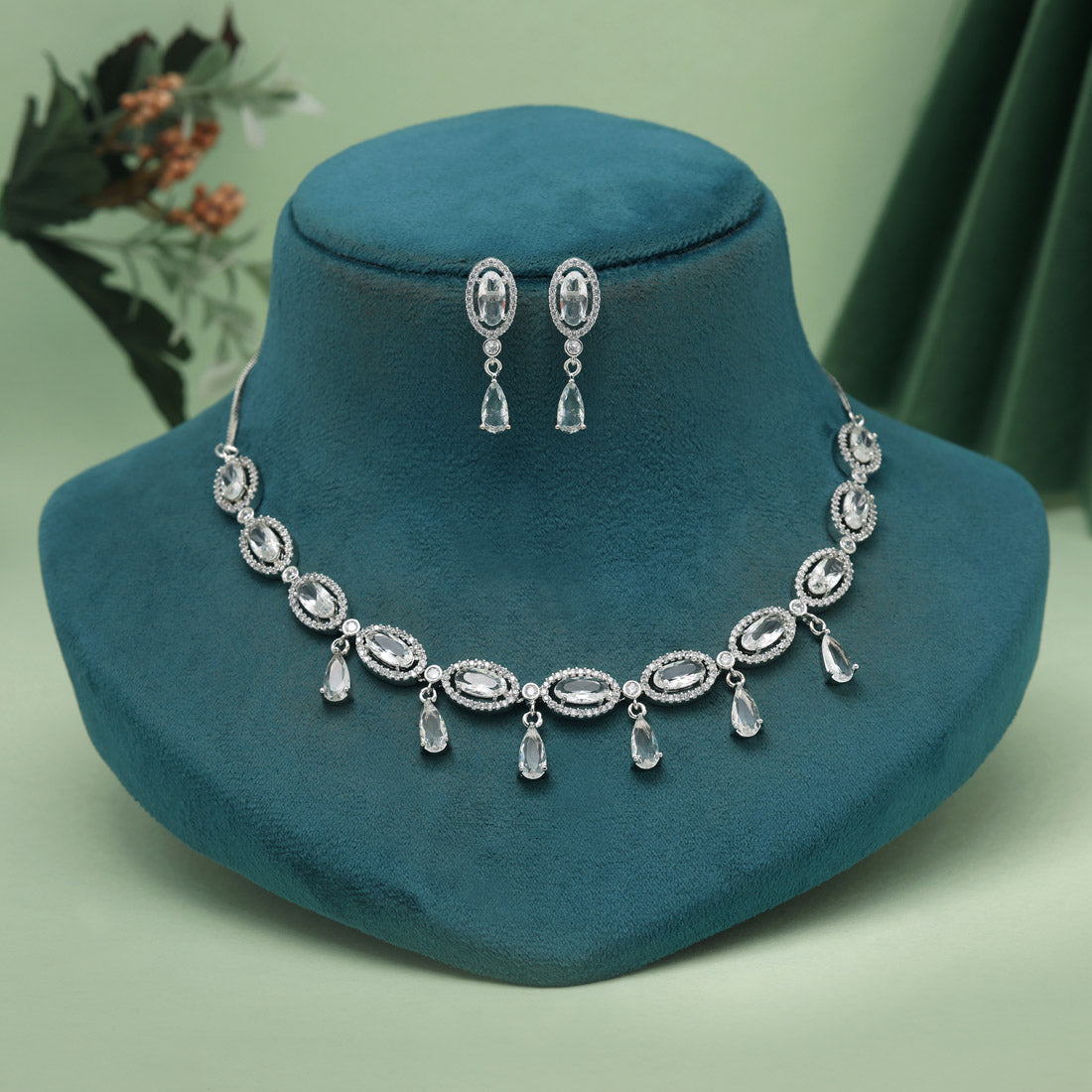 Silver Color American Diamond Necklaces Set (CZN1039SLV) Jewellery GetGlit