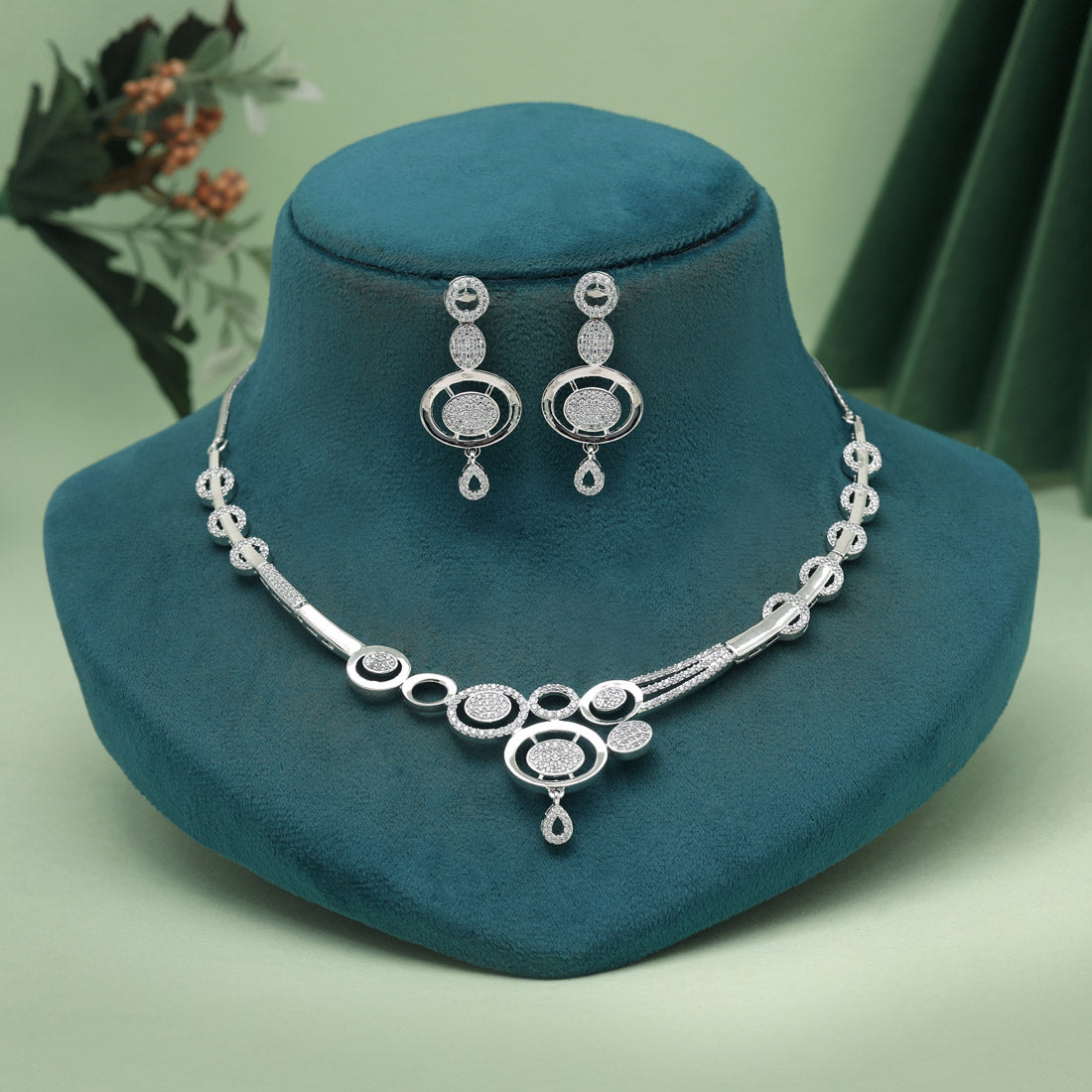 Silver Color American Diamond Necklaces Set (CZN1042SLV) Jewellery GetGlit