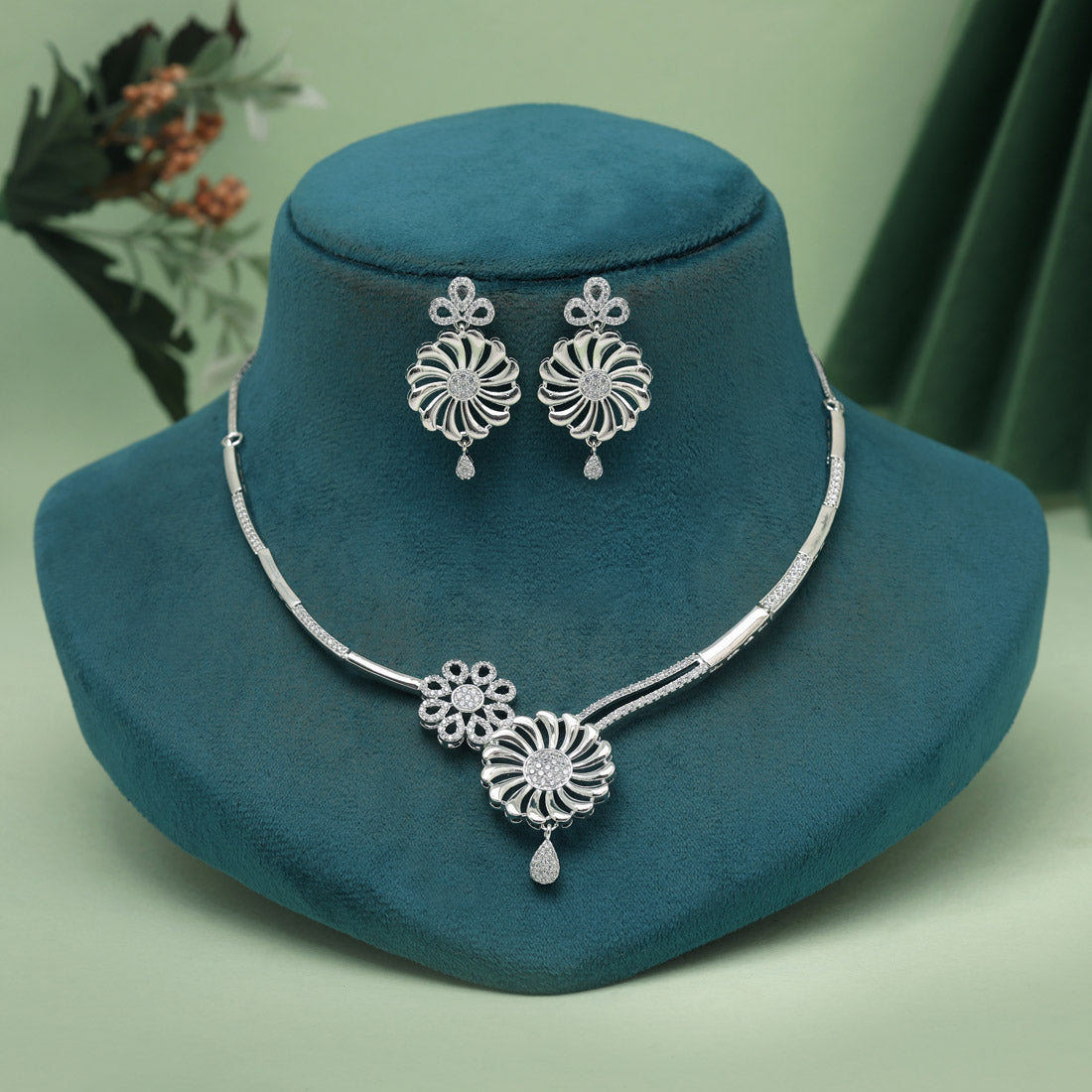 Silver Color American Diamond Necklaces Set (CZN1045SLV) Jewellery GetGlit