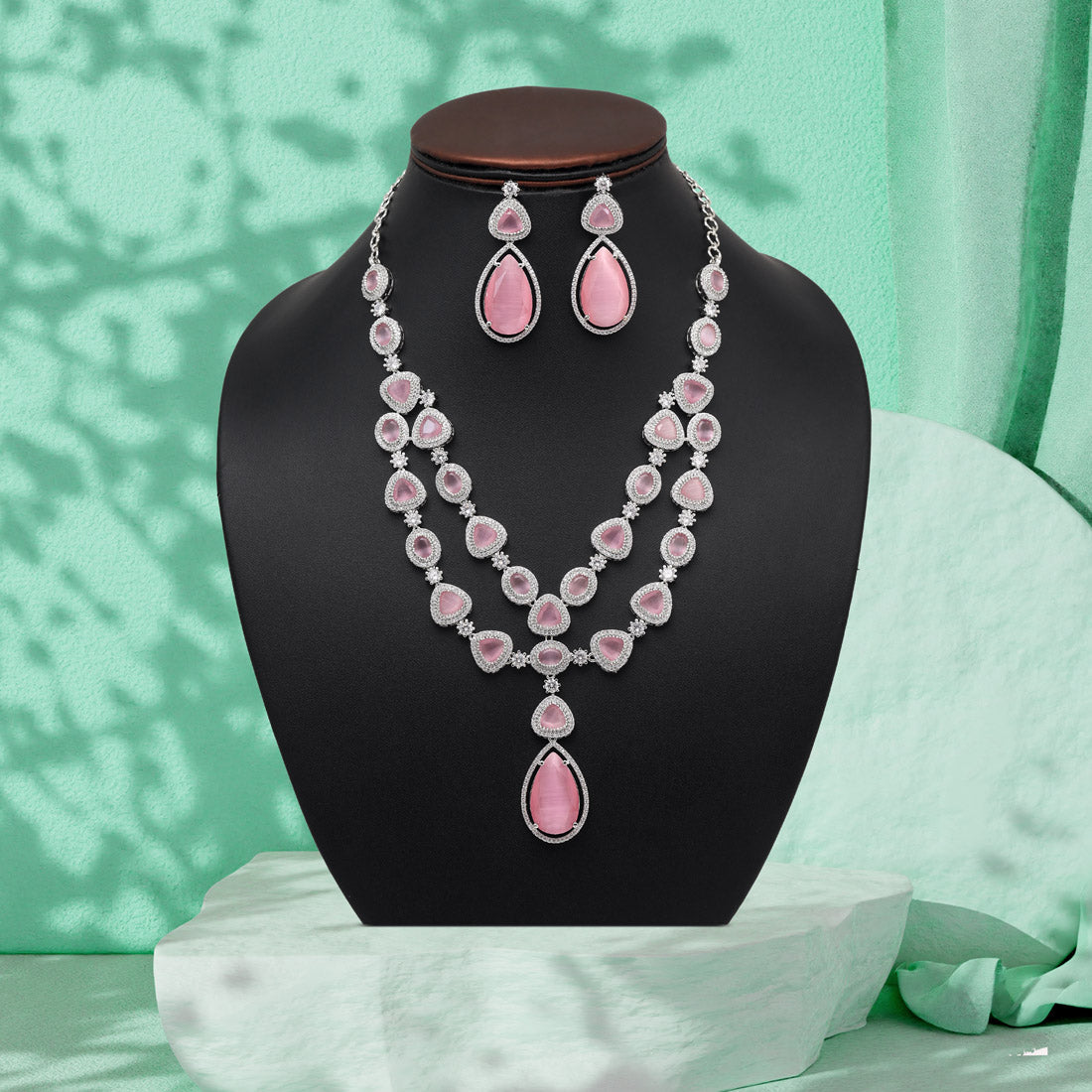 Pink Color American Diamond Necklaces Set (CZN1046PNK)