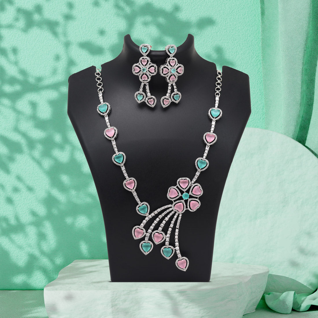 Pink & Pista Green Color American Diamond Necklaces Set (CZN1047PNKPGRN) Jewellery GetGlit