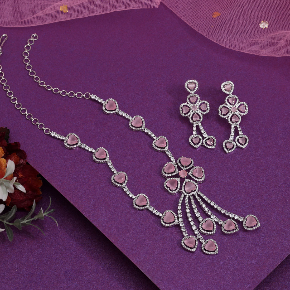 Pink Color American Diamond Necklaces Set (CZN1047PNK) Jewellery GetGlit