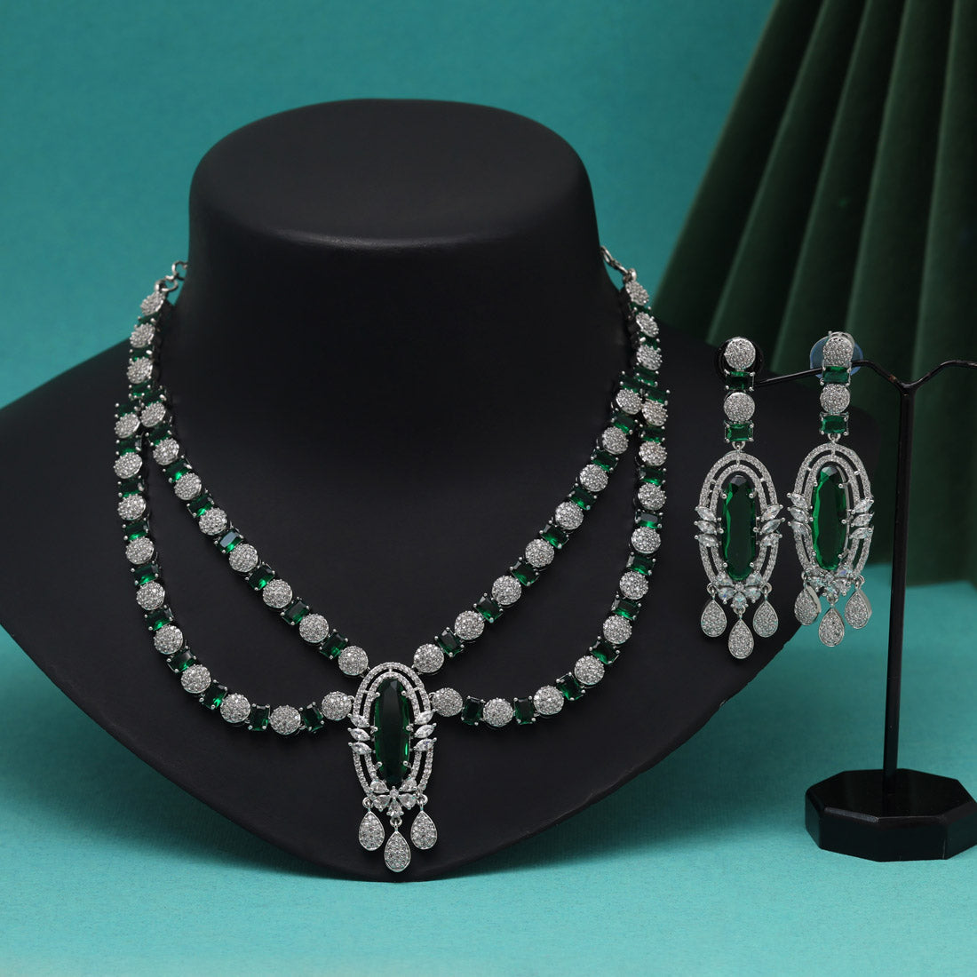 Green Color American Diamond Necklaces Set (CZN1048GRN)