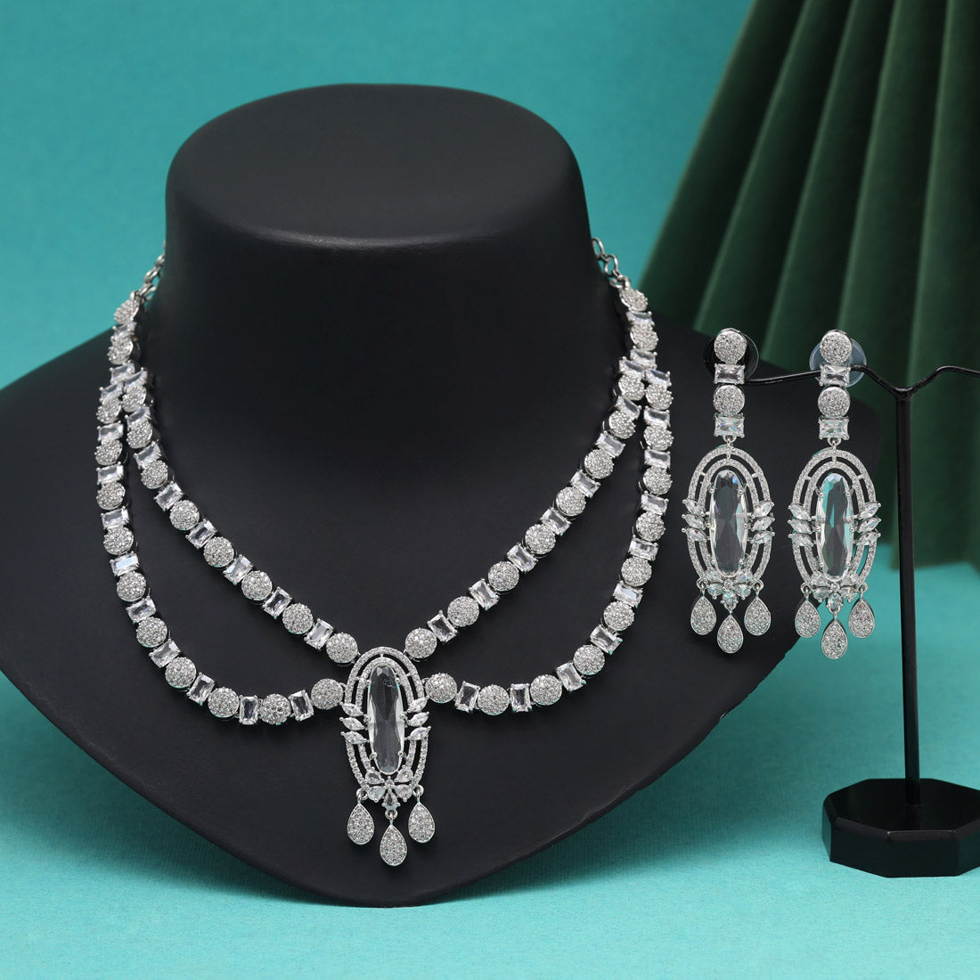 Silver Color American Diamond Necklaces Set (CZN1048SLV) Jewellery GetGlit