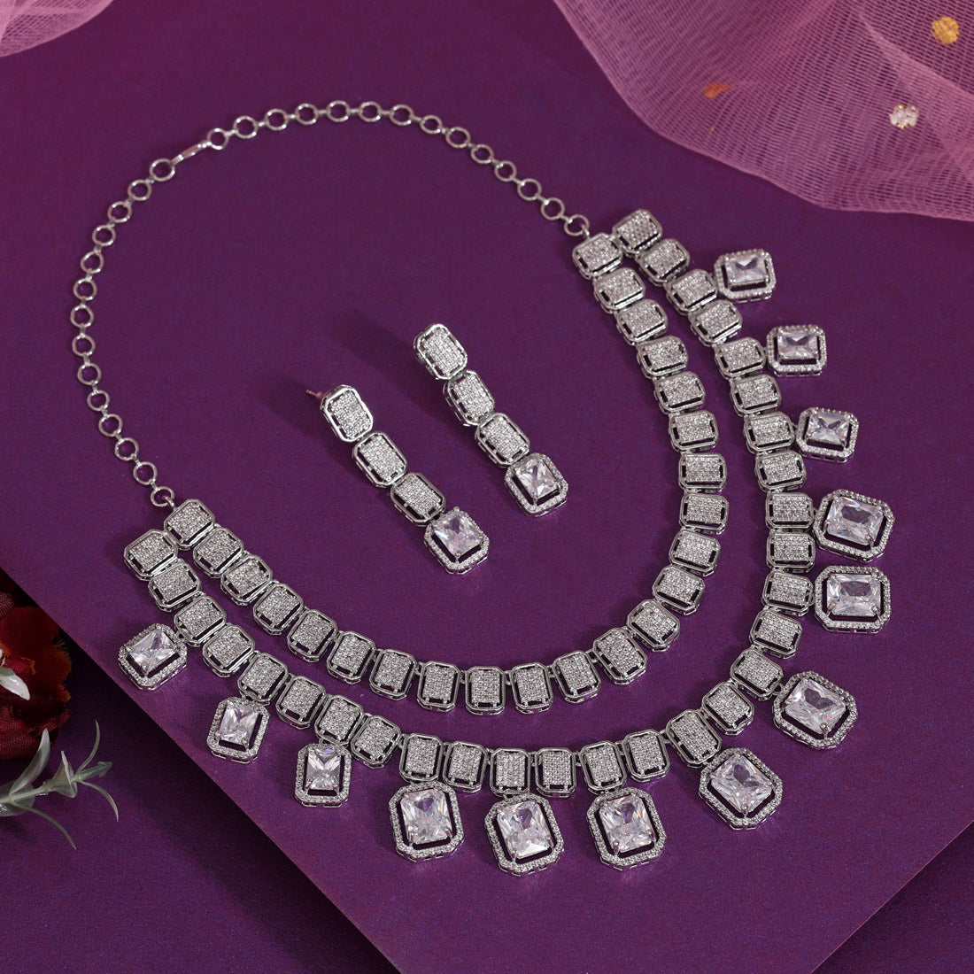 Silver Color American Diamond Necklaces Set (CZN1052SLV) Jewellery GetGlit