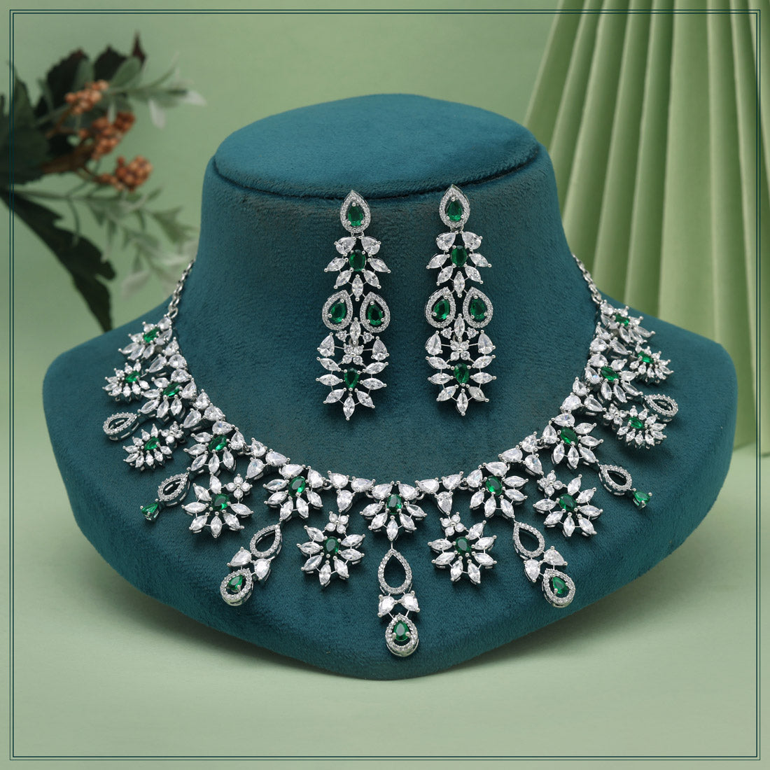 Green Color American Diamond Necklaces Set (CZN1053GRN) Jewellery GetGlit   