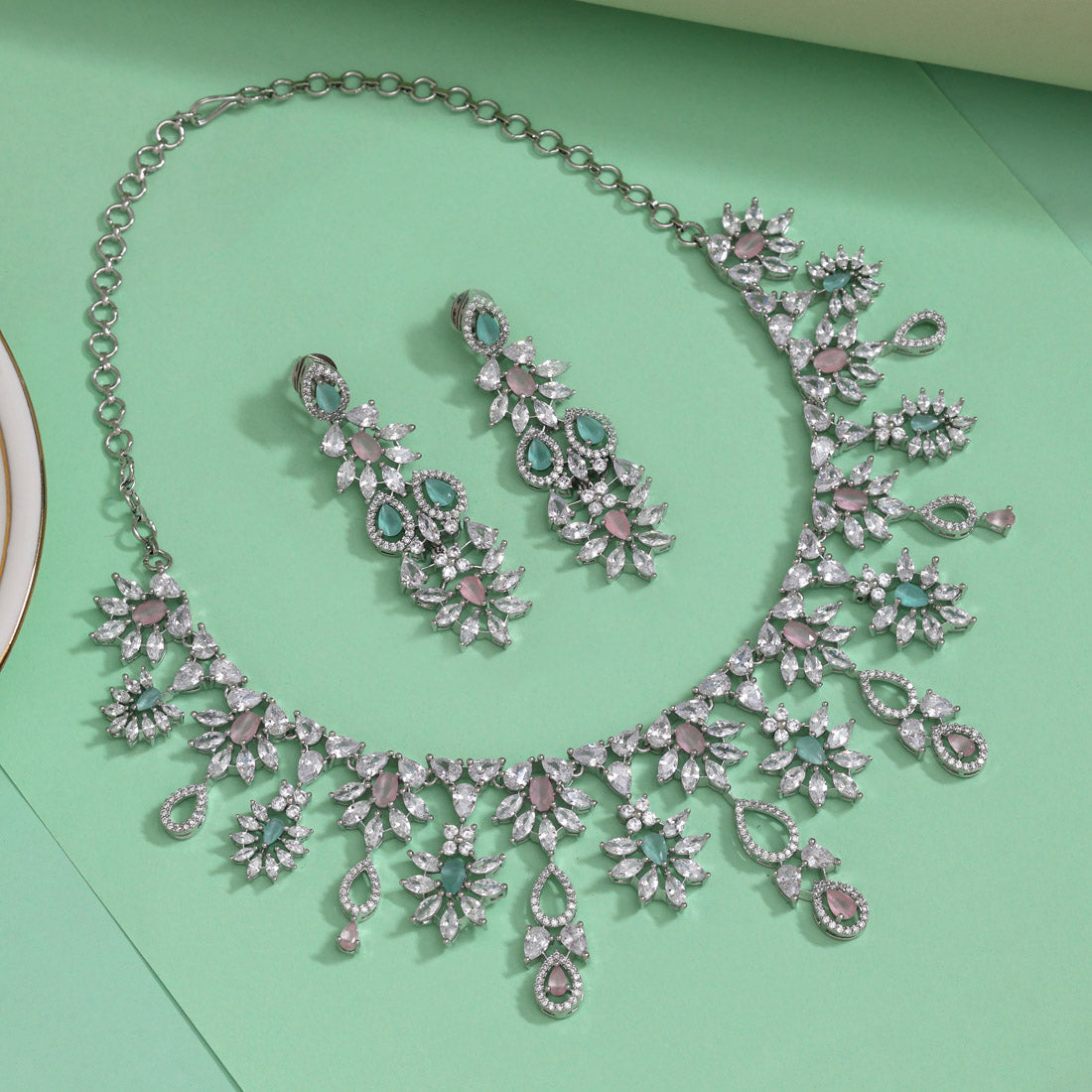 Pink & Pista Green Color American Diamond Necklaces Set (CZN1053PNKPGRN) Jewellery GetGlit