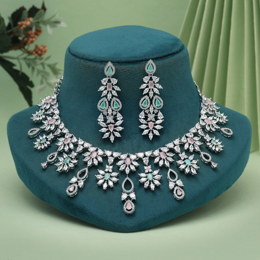 Pink & Pista Green Color American Diamond Necklaces Set (CZN1053PNKPGRN) Jewellery GetGlit   