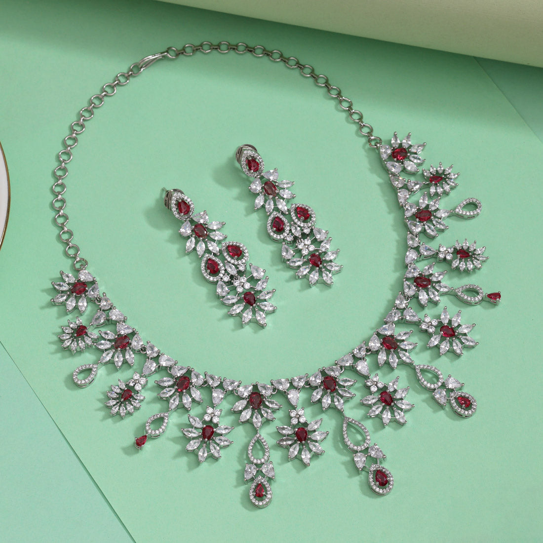 Ruby Color American Diamond Necklaces Set (CZN1053RUBY) Jewellery GetGlit