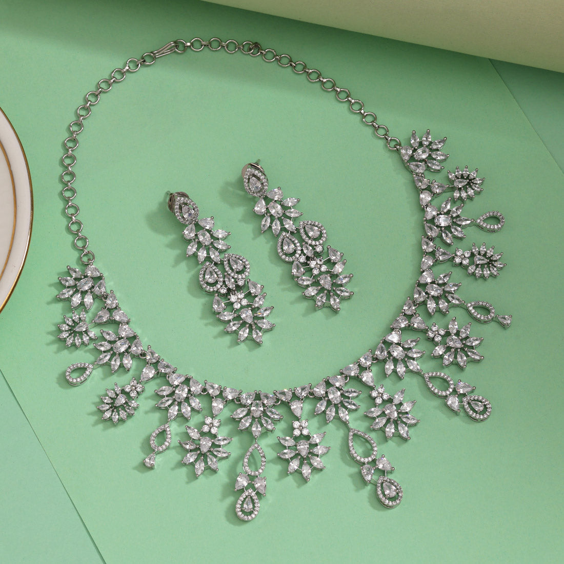 Silver Color American Diamond Necklaces Set (CZN1053SLV) Jewellery GetGlit