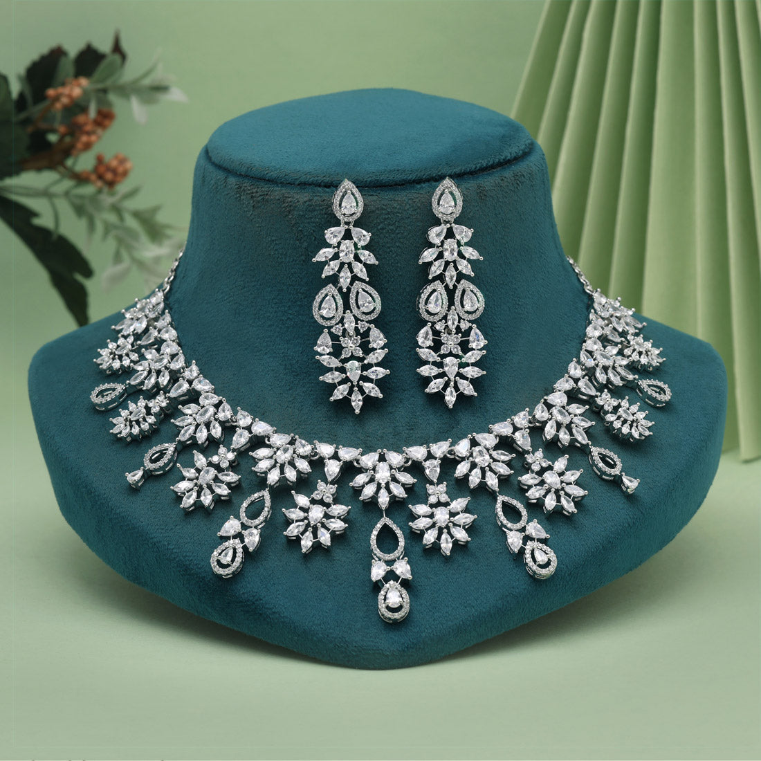 Silver Color American Diamond Necklaces Set (CZN1053SLV) Jewellery GetGlit