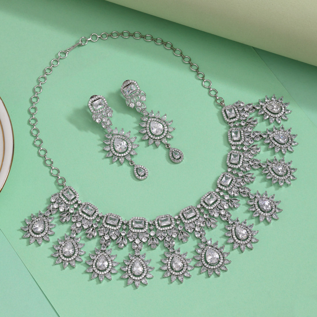 Silver Color American Diamond Necklaces Set (CZN1054SLV) Jewellery GetGlit