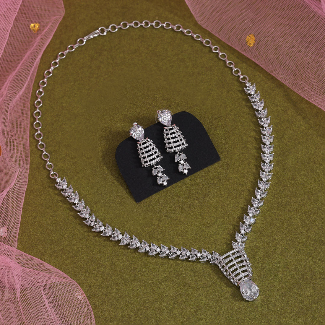 Silver Color American Diamond Necklaces Set (CZN1055SLV) Jewellery GetGlit