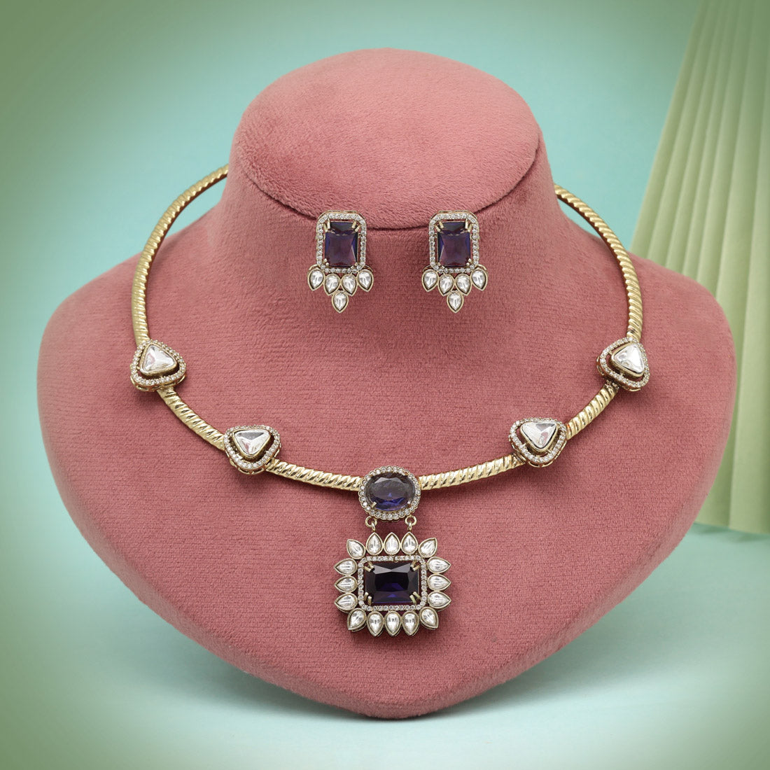 Purple Color Unique Handmade Brass Metal With Monalisa Stones & Moissanite Kundan Apala Polish Hasli Necklace Of Jaipur (CZN1058PRP) Jewellery GetGlit