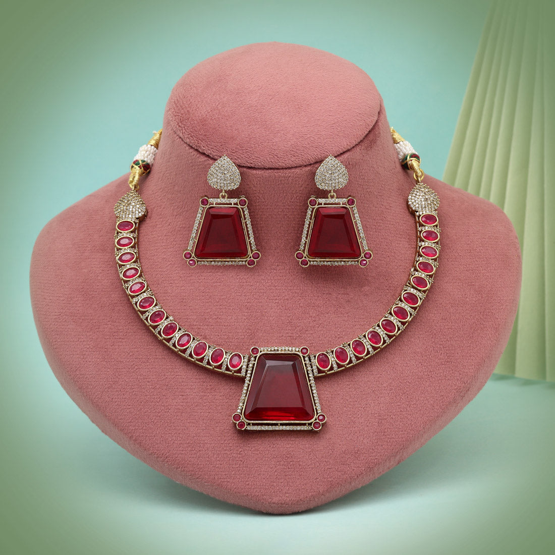 Maroon Color Unique Handmade Brass Metal With Monalisa Stones & American Diamond Apala Polish Necklace Of Jaipur (CZN1060MRN) Jewellery GetGlit