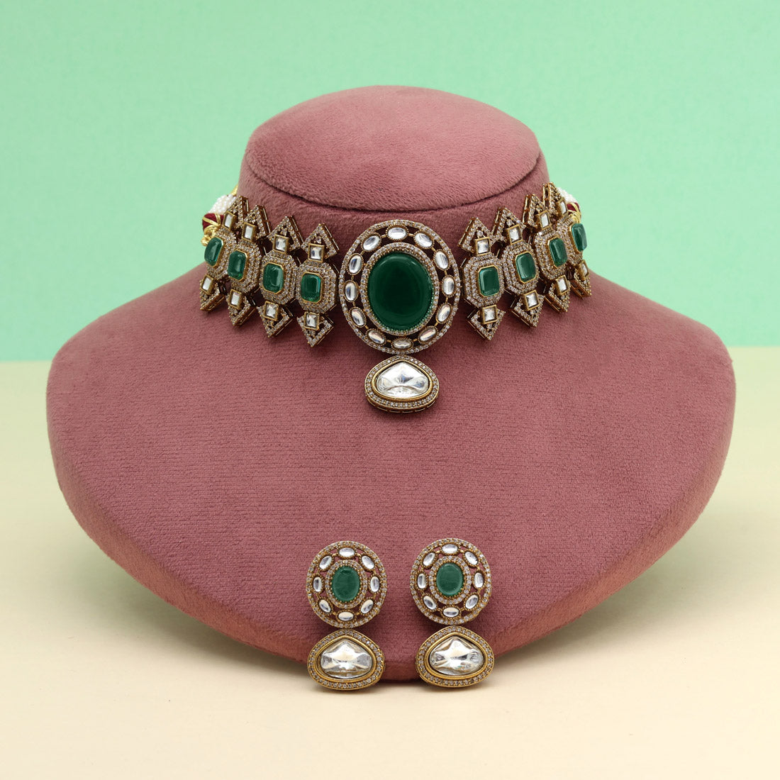 Rama Green Color Premium Jaipur Jewellery Brass Choker Necklace With Beautiful Monalisa And Moissanite Stone Jewellery GetGlit