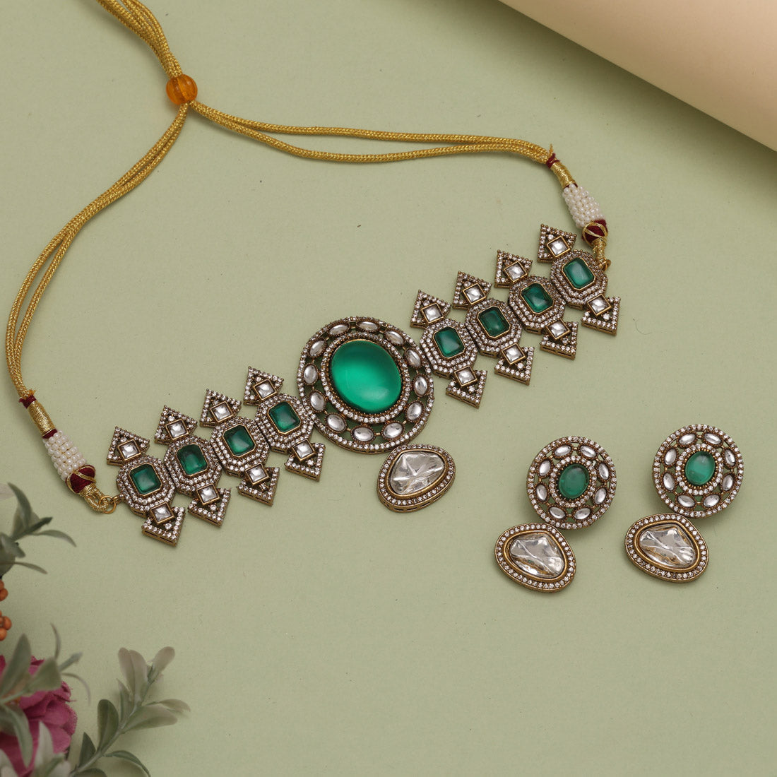 Rama Green Color Premium Jaipur Jewellery Brass Choker Necklace With Beautiful Monalisa And Moissanite Stone Jewellery GetGlit