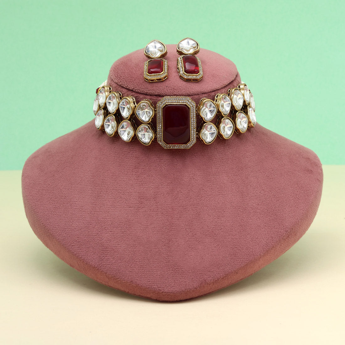 Maroon Color Premium Quality Moissanite And Monalisa Stone Decorated Choker Necklace Jewellery GetGlit