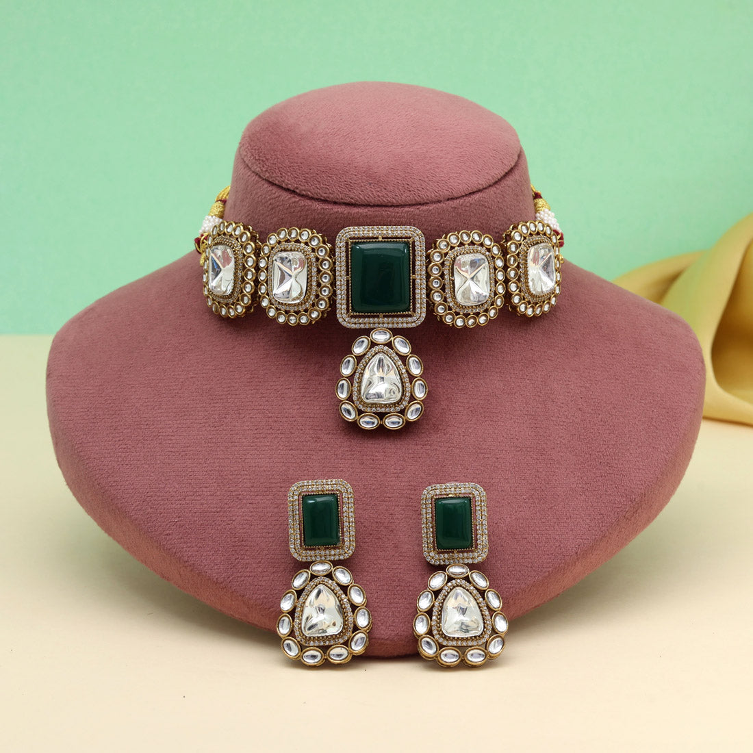 Green Color Handmade Jaipur Choker Necklace With Moissanite And Monalisa Stones Jewellery GetGlit