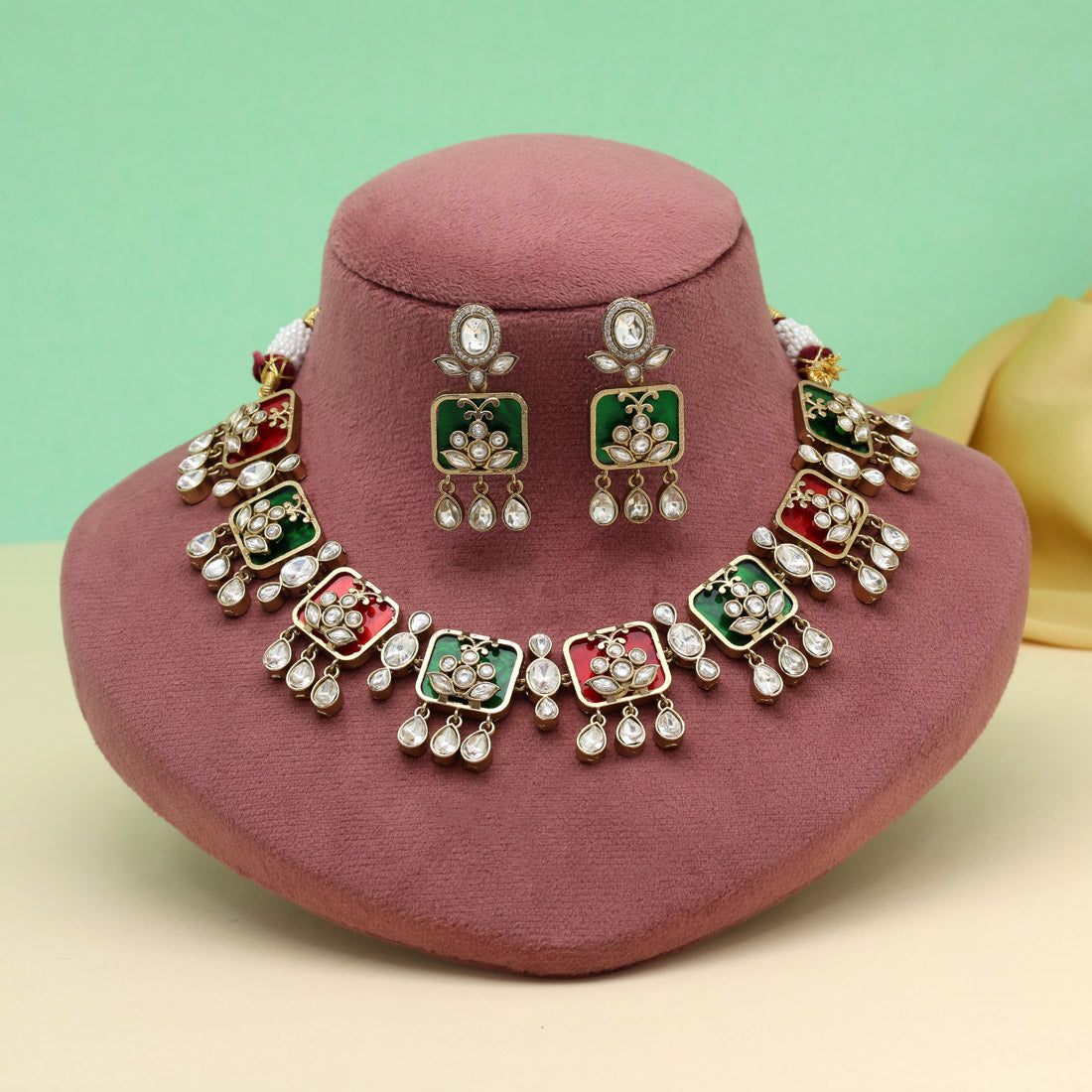 Maroon & Green Color Premium Handmade Brass Necklace With Moissanite Stones Jewellery GetGlit