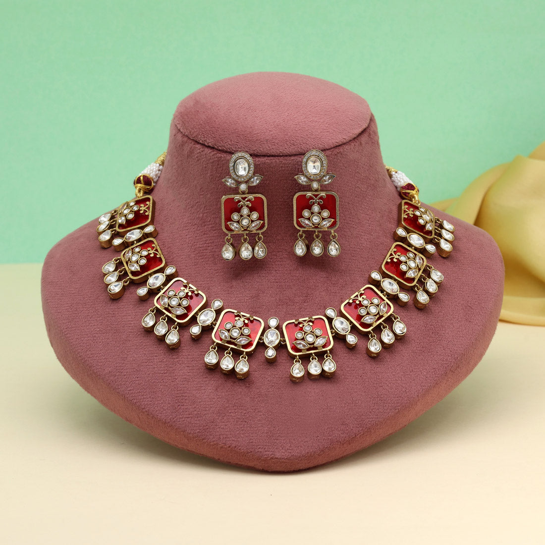 Red Color Premium Handmade Brass Necklace With Moissanite Stones Jewellery GetGlit