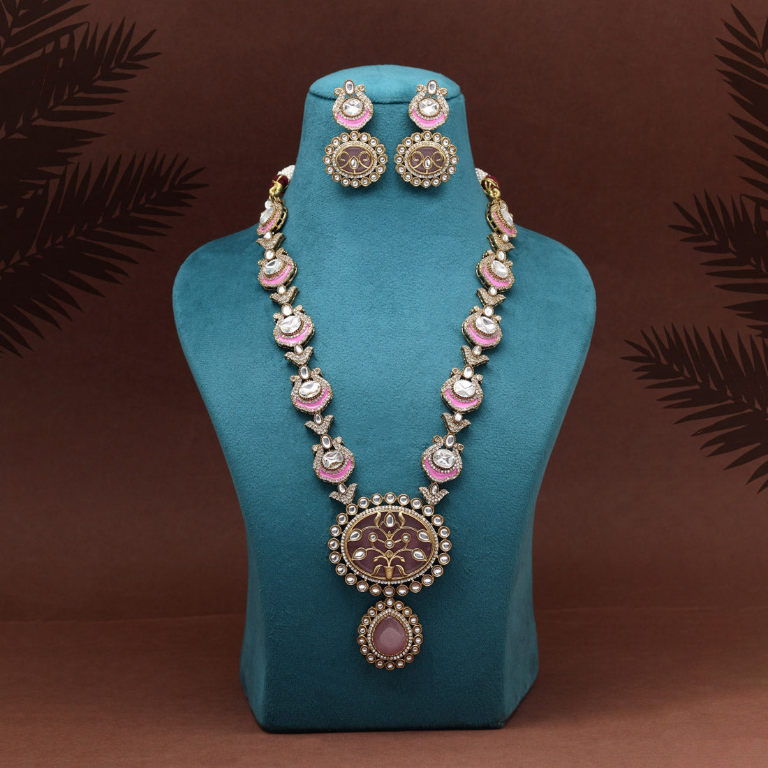 Pink Color Premium Quality Moissanite Kundan Necklace Set Jewellery GetGlit