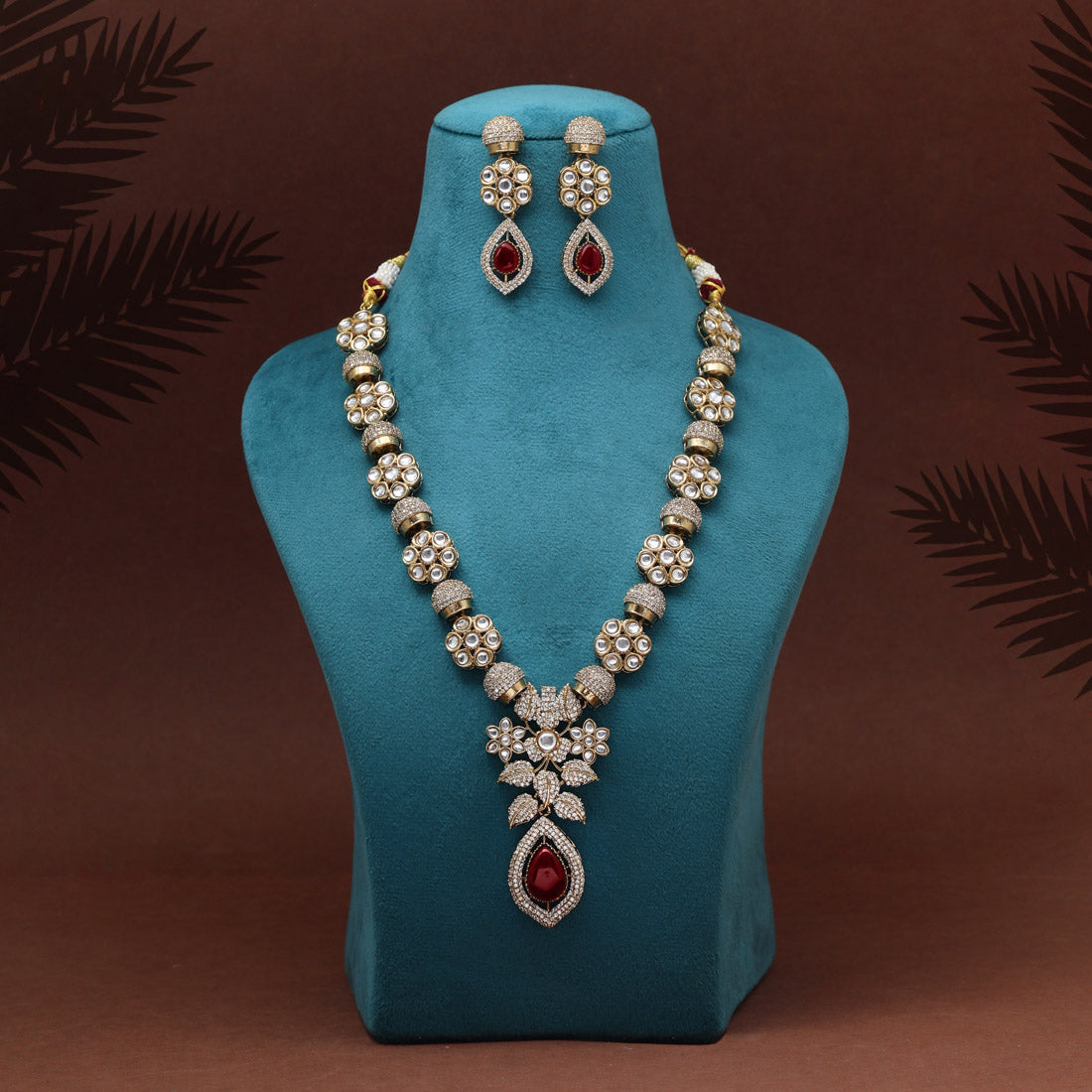 Maroon Color Premium Quality Handmade In Jaipur Brass Ad & Monalisa Stone Necklace Set Jewellery GetGlit