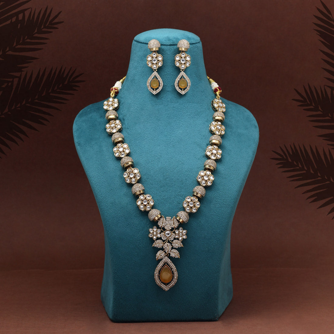 Mustard Yellow Color Premium Quality Handmade In Jaipur Brass Ad & Monalisa Stone Necklace Set Jewellery GetGlit