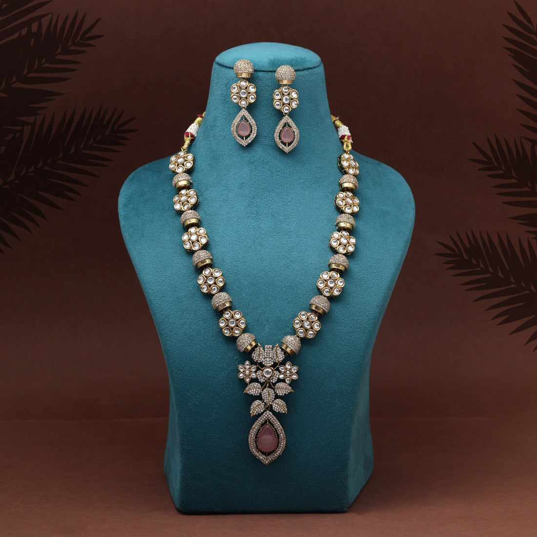 Pink Color Premium Quality Handmade In Jaipur Brass Ad & Monalisa Stone Necklace Set Jewellery GetGlit