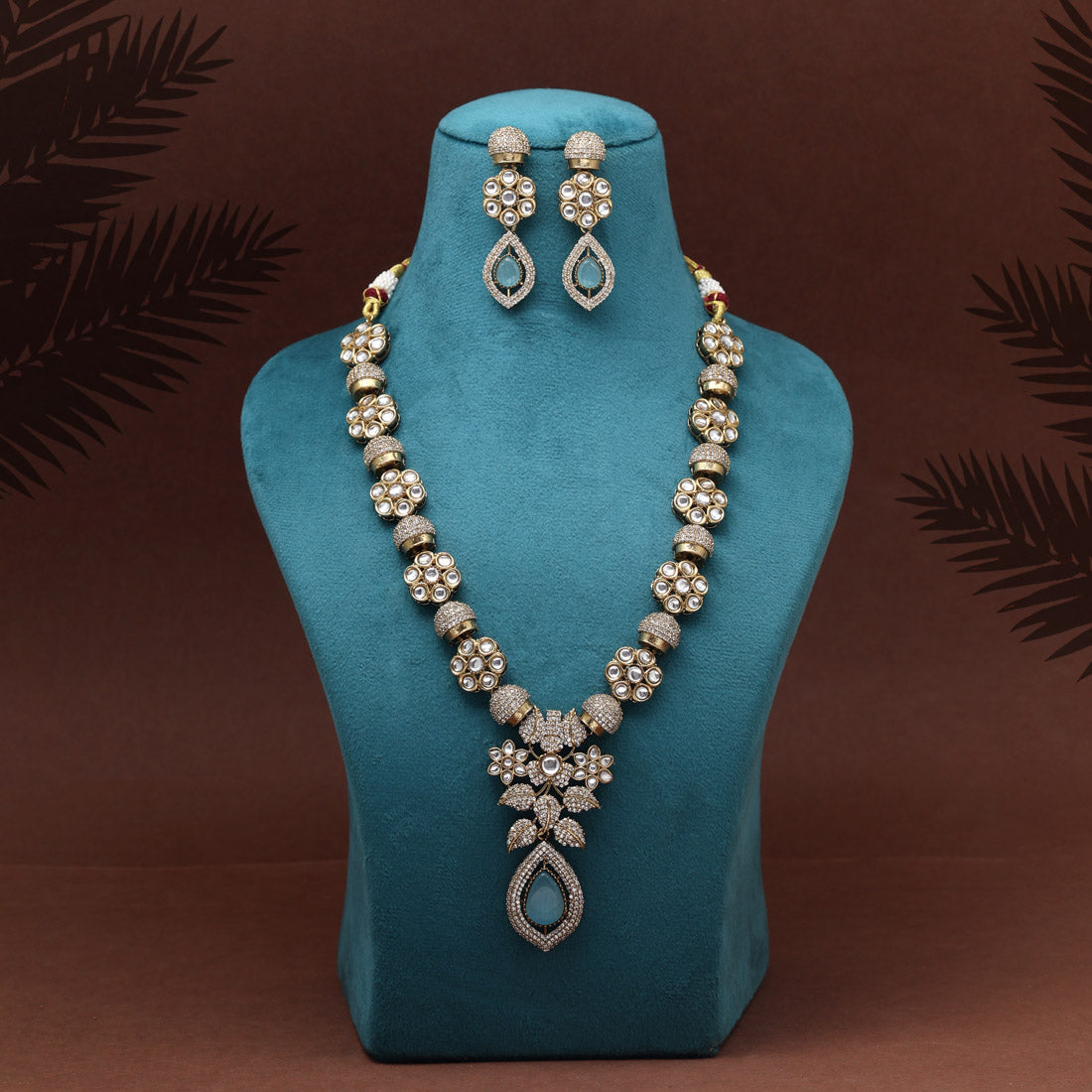 Sky Blue Color Premium Quality Handmade In Jaipur Brass Ad & Monalisa Stone Necklace Set