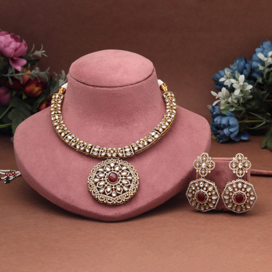 Maroon Color Premium Quality Hasli Style Handmade Ad & Monalisa Stone Necklace Set Jewellery GetGlit