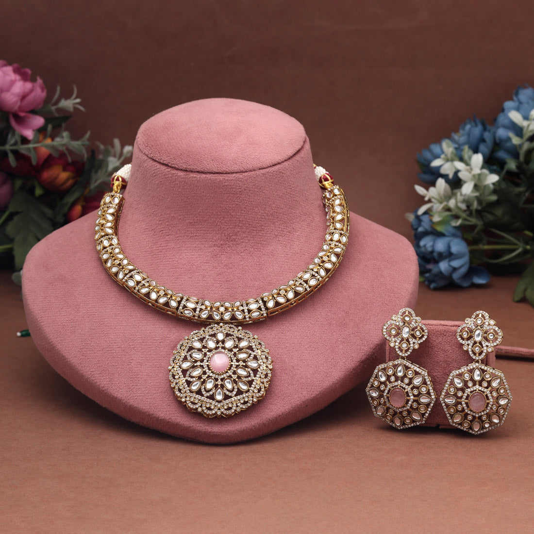 Pink Color Premium Quality Hasli Style Handmade Ad & Monalisa Stone Necklace Set Jewellery GetGlit