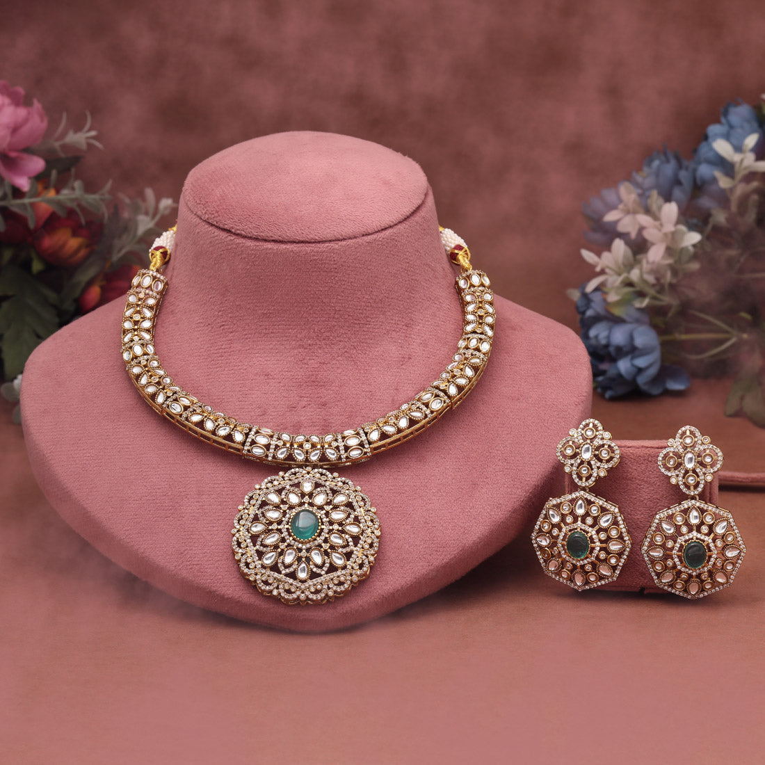 Rama Green Color Premium Quality Hasli Style Handmade Ad & Monalisa Stone Necklace Set Jewellery GetGlit