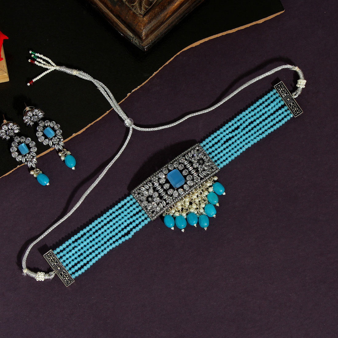 Firozi Color Black Silver Brass American Diamond Choker Necklace Set (CZN573FRZ) Jewellery GetGlit   