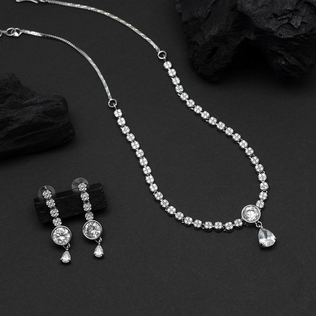 Silver Color American Diamond Necklace Set (CZN798SLV ) Jewellery GetGlit   