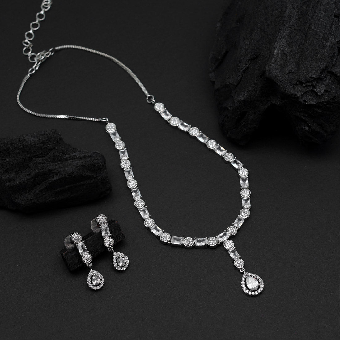 Silver Color American Diamond Necklace Set (CZN813SLV ) Jewellery GetGlit   