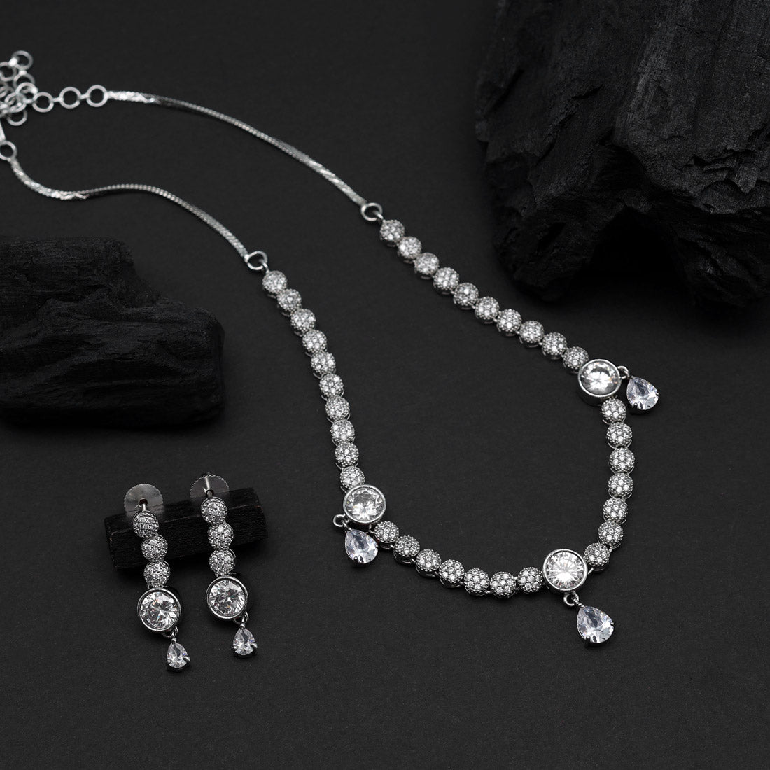 Silver Color American Diamond Necklace Set (CZN818SLV ) Jewellery GetGlit   