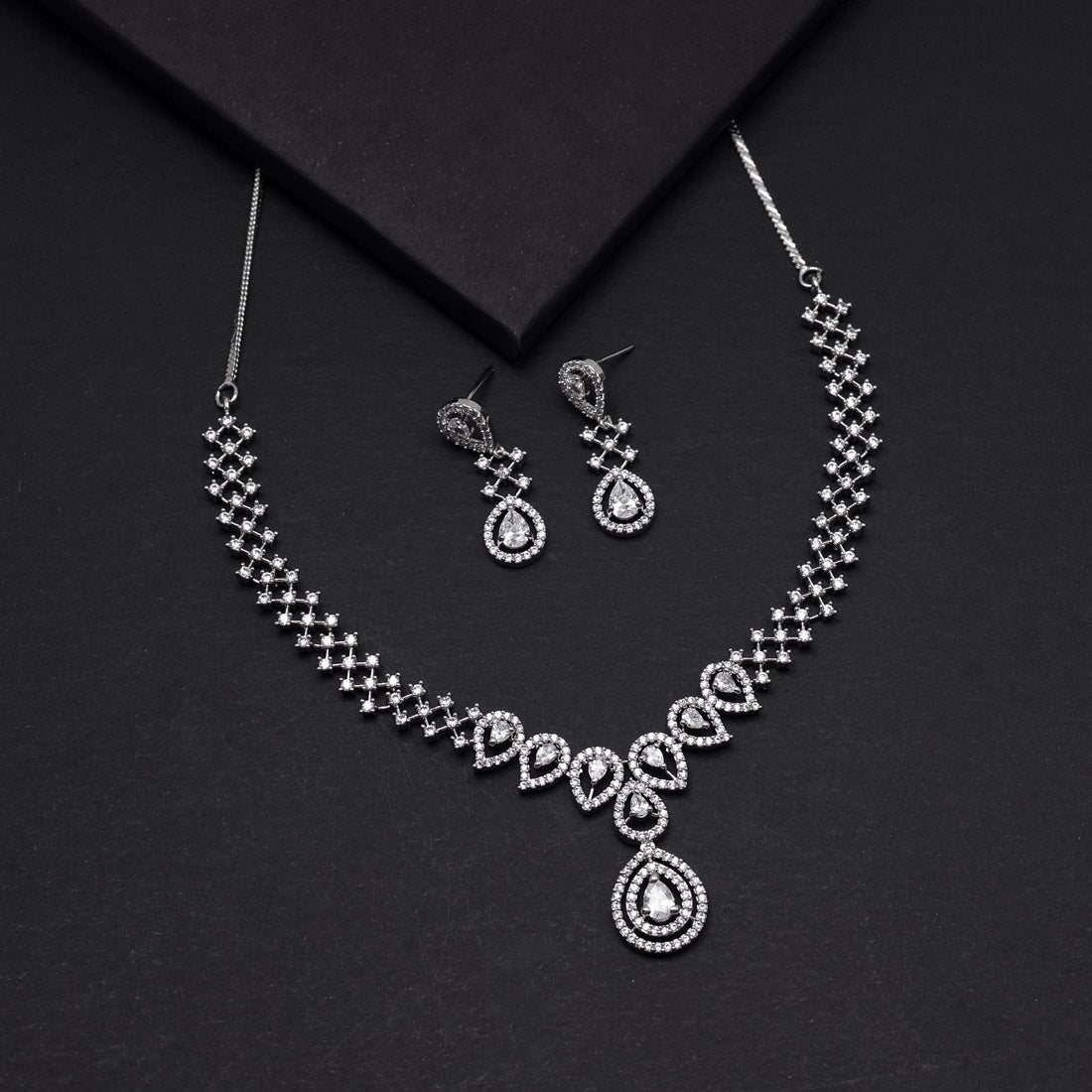 Silver Color American Diamond Necklace Set (CZN829SLV) Jewellery GetGlit   