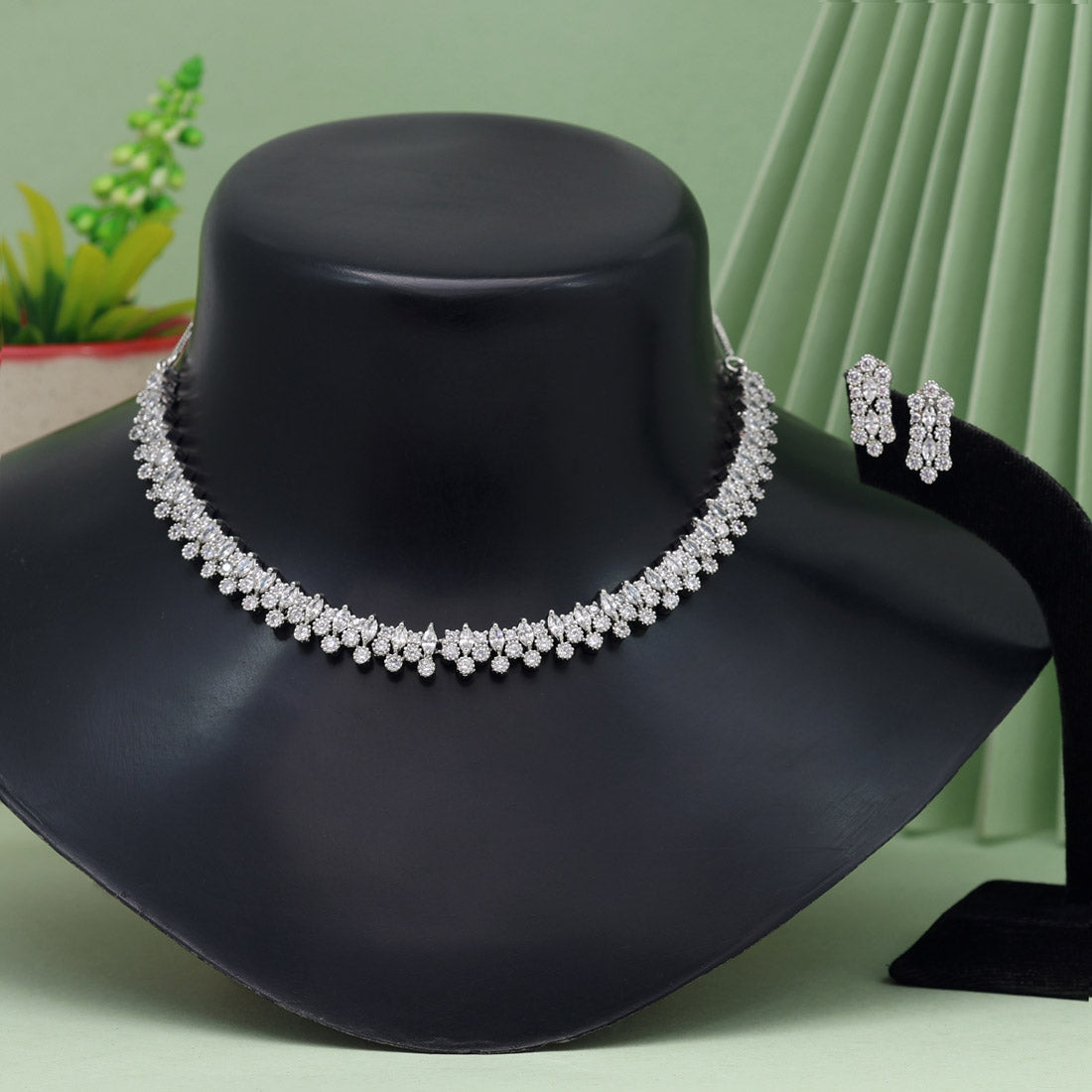 Silver Color American Diamond Necklace Set (CZN843SLV) Necklaces GetGlit   