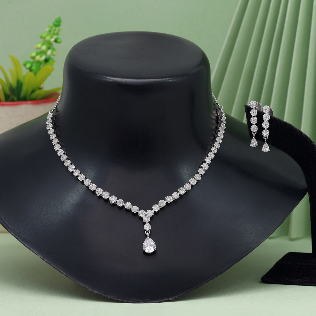 Silver Color American Diamond Necklace Set (CZN847SLV) Necklaces GetGlit   