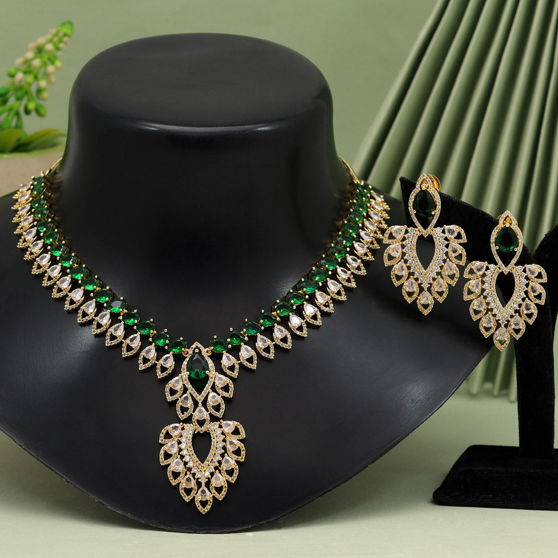 Green Color American Diamond Necklace Set (CZN922GRN) Jewellery GetGlit   