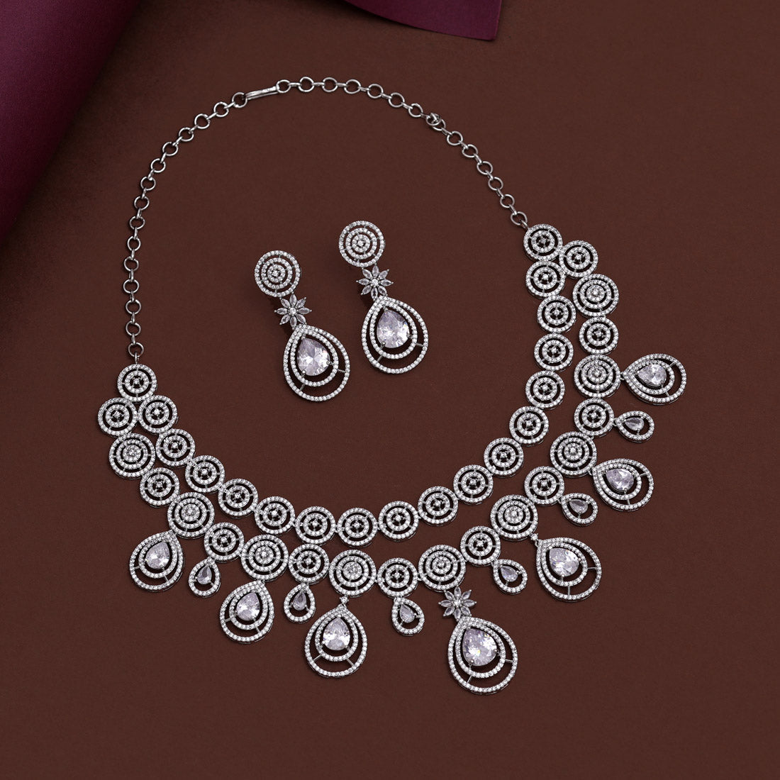 Silver Color American Diamond Necklace Set (CZN934SLV) Jewellery GetGlit   