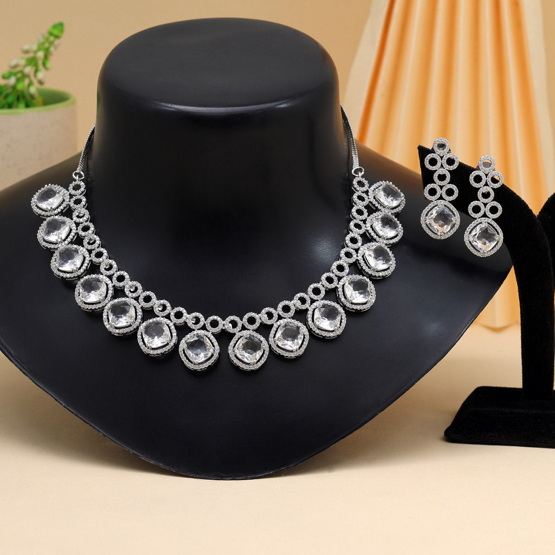 Silver Color American Diamond Necklace Set Jewellery GlitStudio   