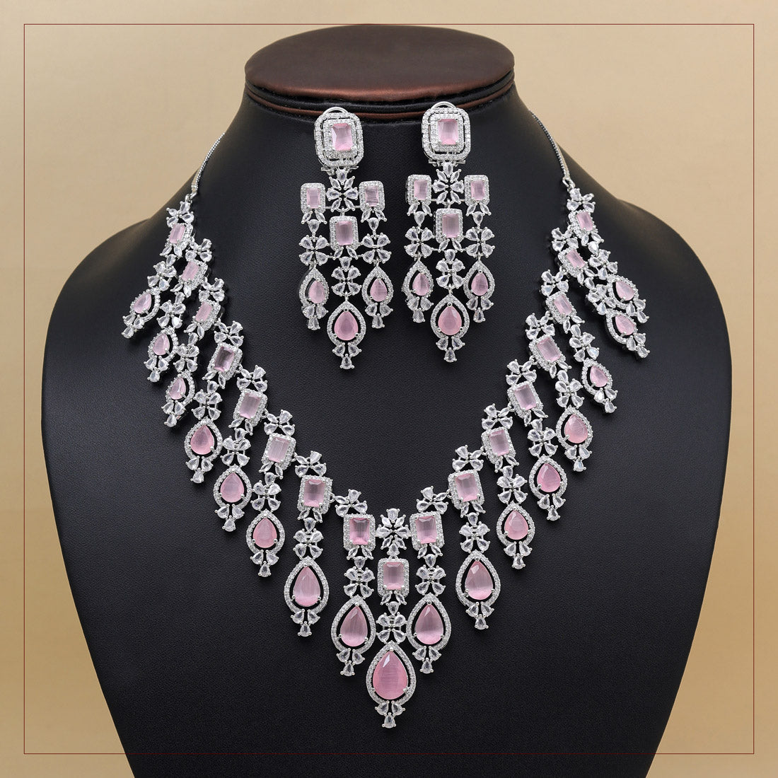 Pink Color American Diamond Necklace Set Jewellery GlitStudio   