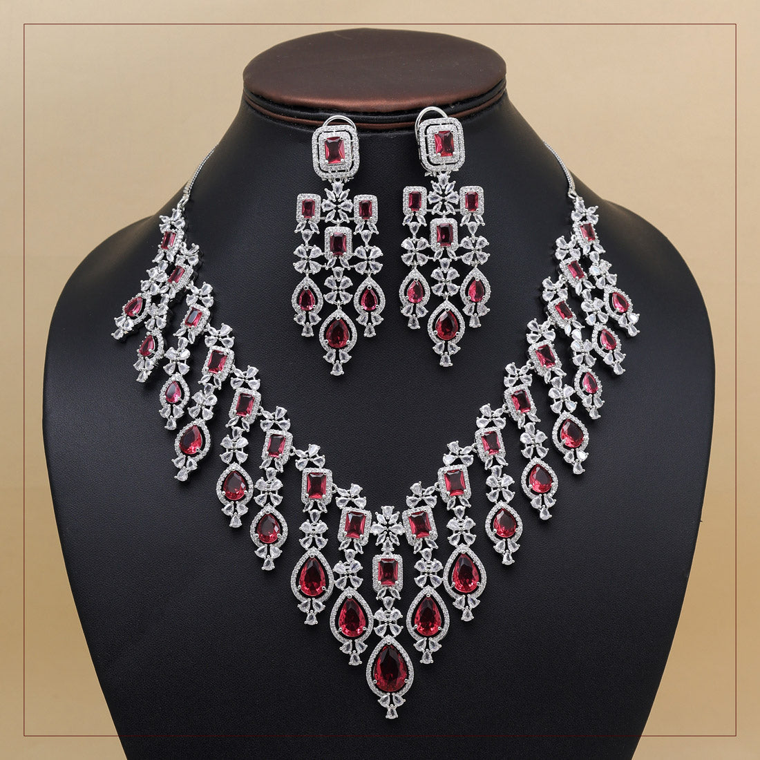 Ruby Color American Diamond Necklace Set Jewellery GlitStudio   