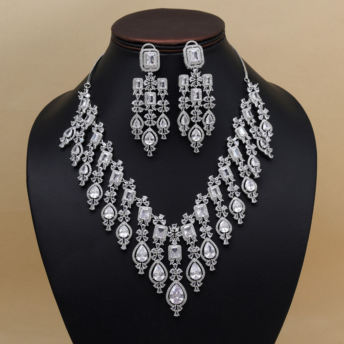 Silver Color American Diamond Necklace Set (CZN936SLV) Jewellery GetGlit   