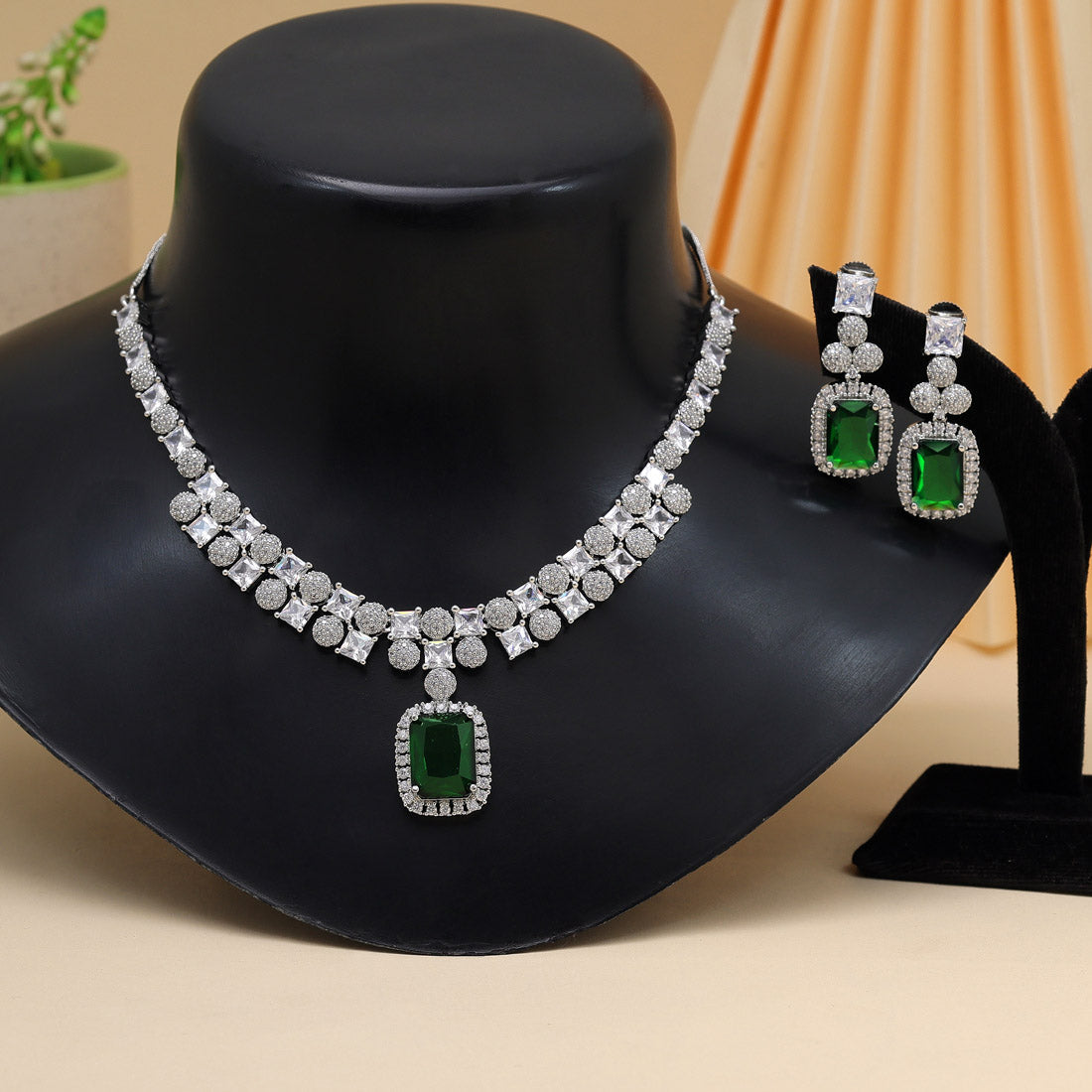 Green Color American Diamond Necklace Set (CZN937GRN) Jewellery GetGlit   