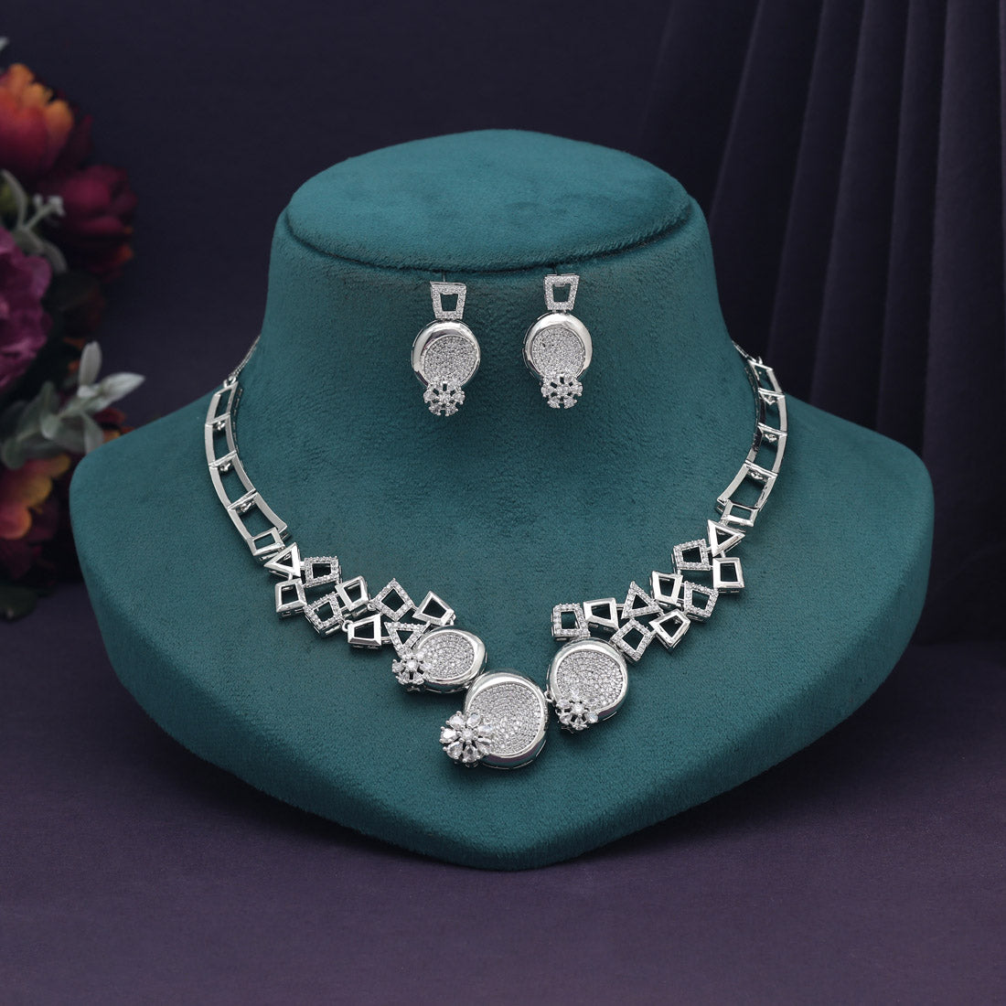 Silver Color American Diamond Necklace Set (CZN992SLV) Jewellery GetGlit   