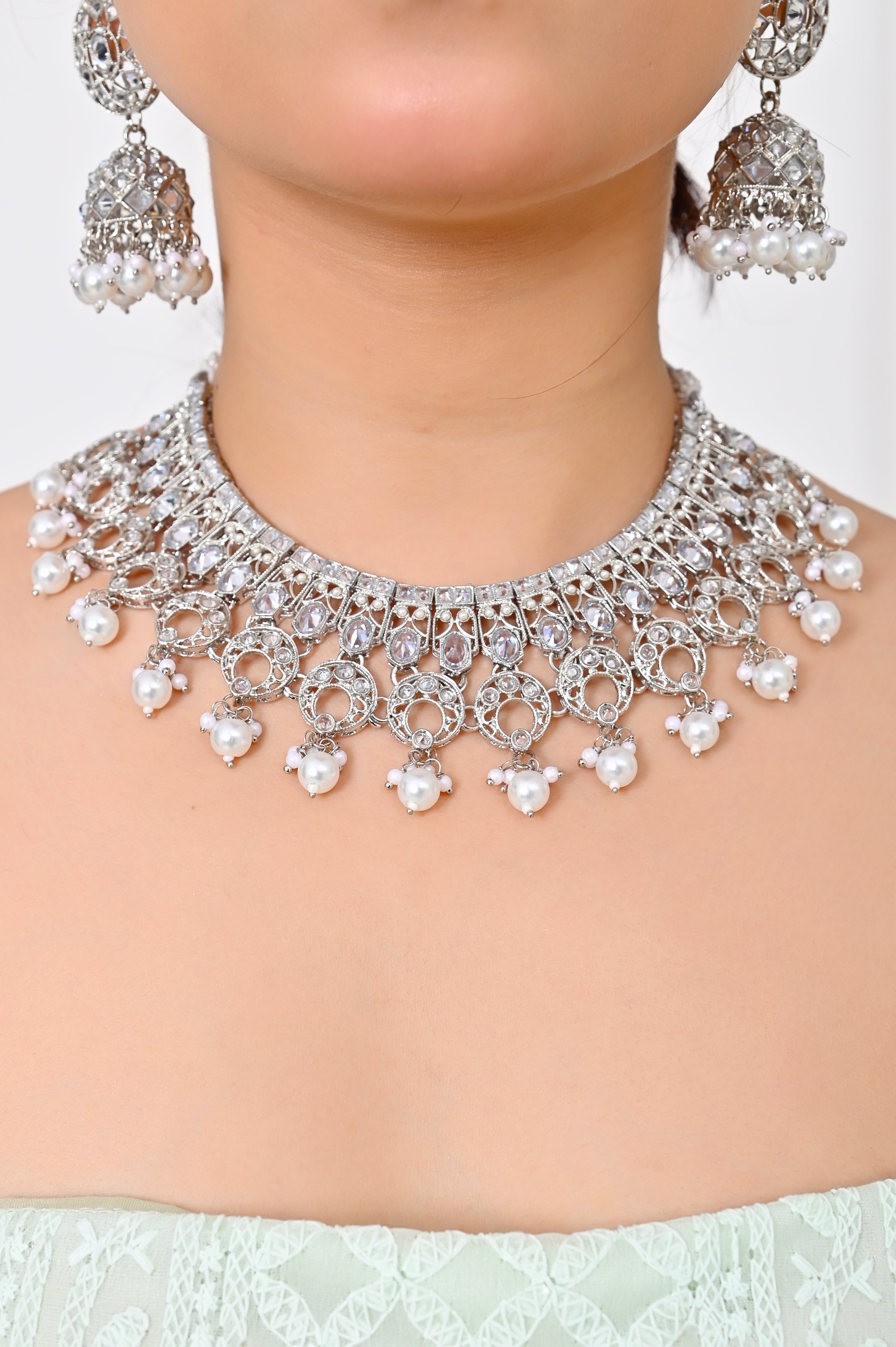 Silver Stone White Pearl Kundan Necklace with Jhumka Earrings & Maang Tikka Jewellery GetGlit